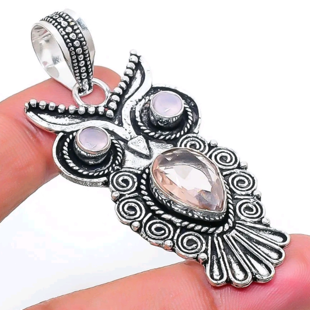 STERLING SILVER MORGANITE, CHALCEDONY OWL PENDANT - Picture 1 of 1